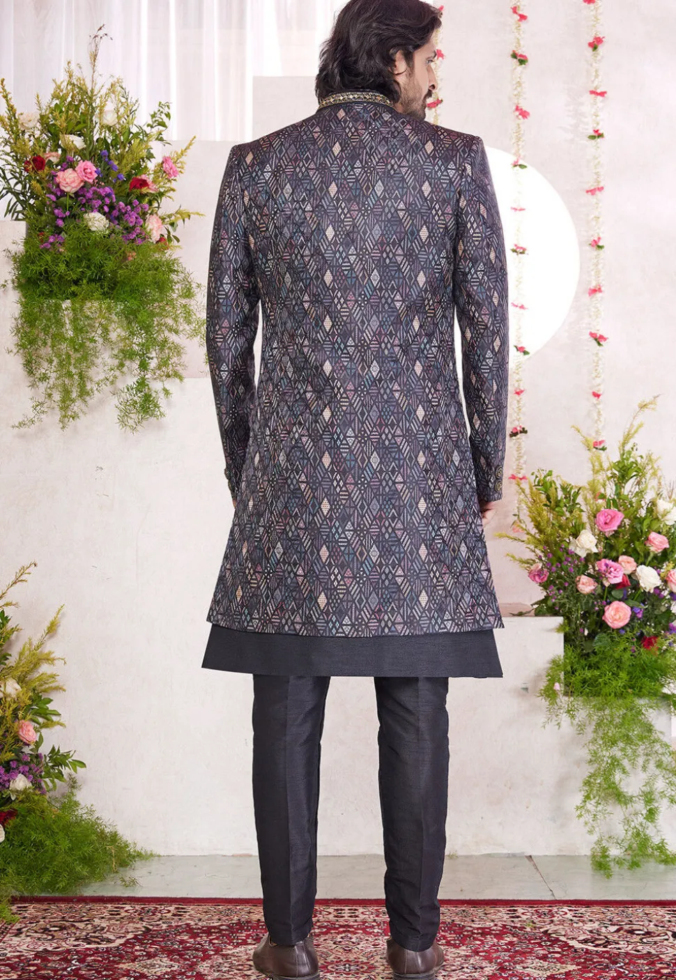 Woven Art Silk Jacquard Sherwani in Black