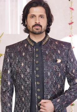 Woven Art Silk Jacquard Sherwani in Black