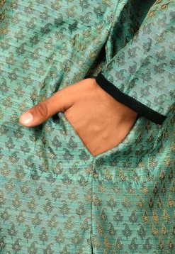 Woven Art Silk Jacquard Sherwani Set in Light Teal Green