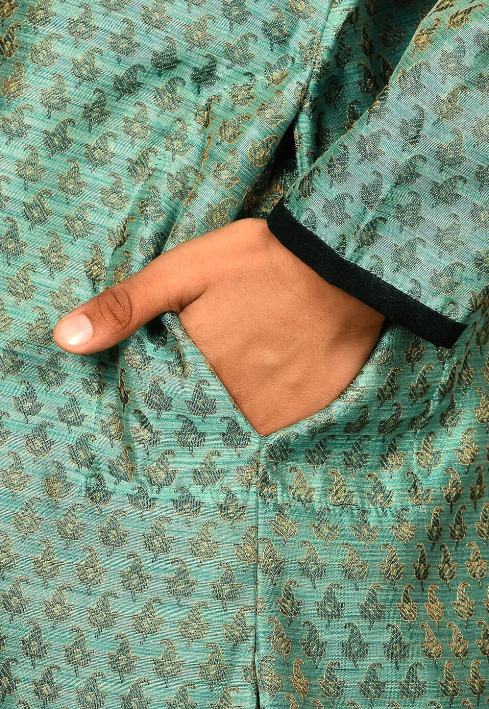 Woven Art Silk Jacquard Sherwani Set in Light Teal Green