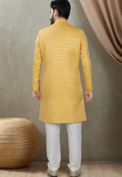 Woven Art Silk Jacquard Sherwani in Yellow