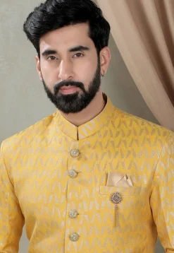 Woven Art Silk Jacquard Sherwani in Yellow