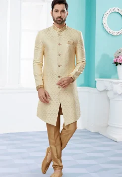 Woven Art Silk Jacquard Sherwani in Beige