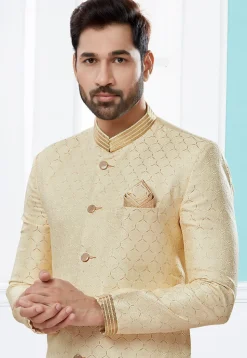 Woven Art Silk Jacquard Sherwani in Beige