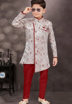 Woven Art Silk Jacquard Sherwani in Grey and Maroon