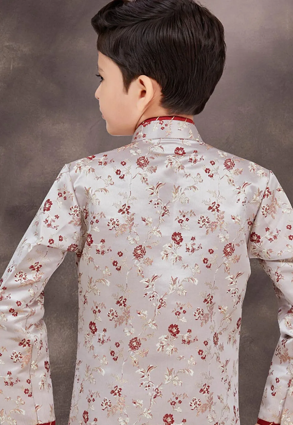 Woven Art Silk Jacquard Sherwani in Grey and Maroon