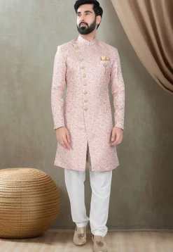 Woven Art Silk Jacquard Sherwani in Pink