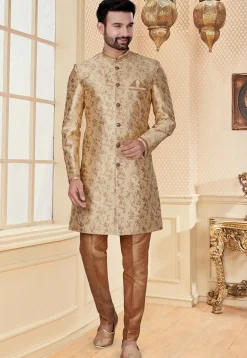 Woven Art Silk Jacquard Sherwani in Beige