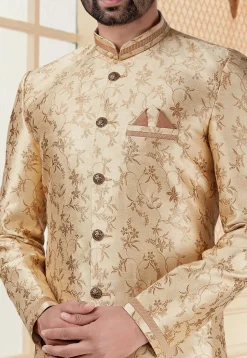 Woven Art Silk Jacquard Sherwani in Beige