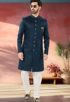 Woven Art Silk Jacquard Sherwani in Teal Blue