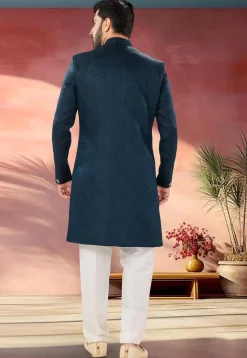 Woven Art Silk Jacquard Sherwani in Teal Blue
