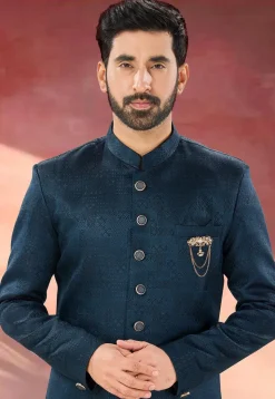 Woven Art Silk Jacquard Sherwani in Teal Blue