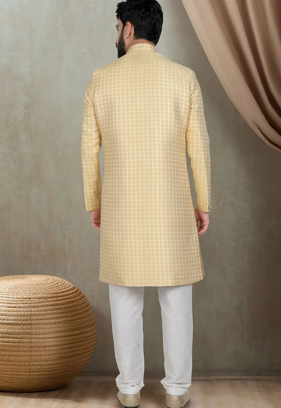 Woven Art Silk Jacquard Sherwani in Yellow