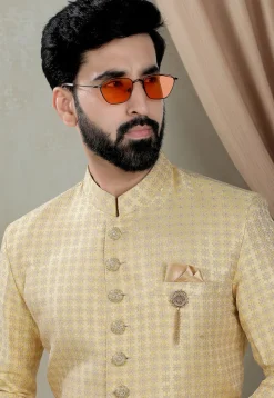 Woven Art Silk Jacquard Sherwani in Yellow