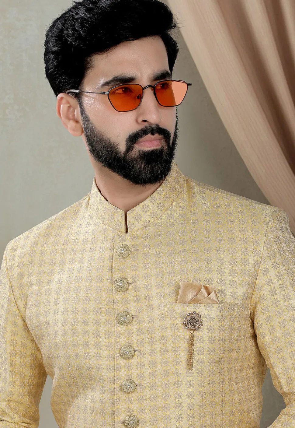 Woven Art Silk Jacquard Sherwani in Yellow