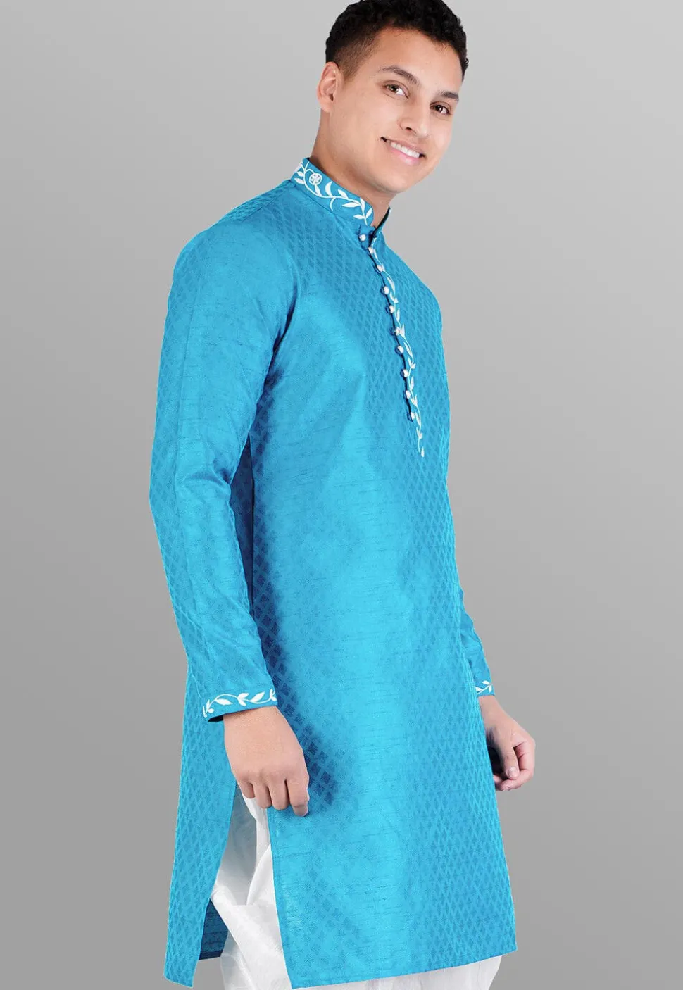 Woven Art Silk Jacquard Sherwani in Light Blue