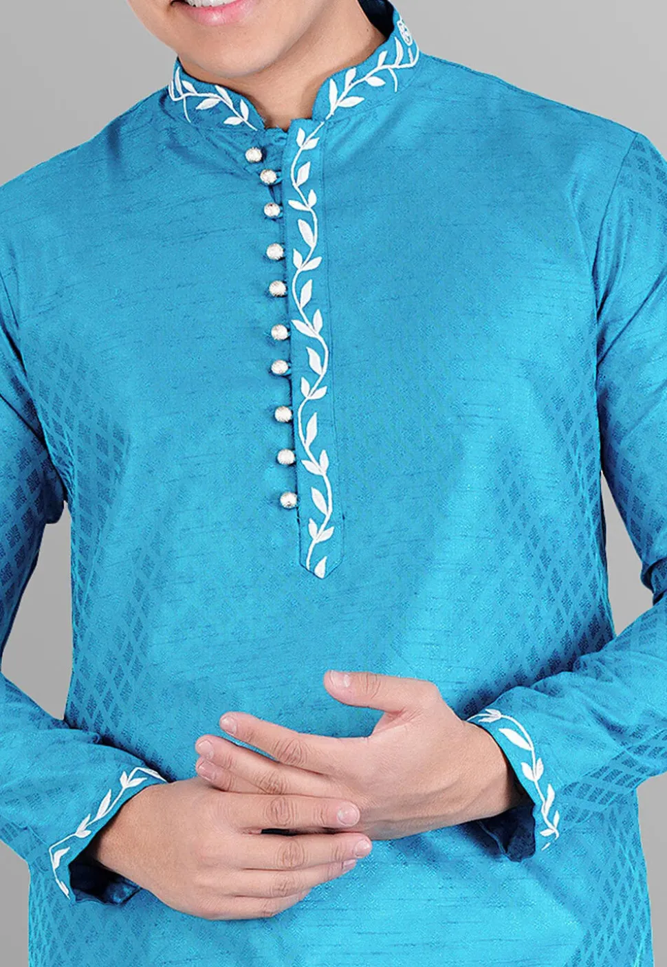 Woven Art Silk Jacquard Sherwani in Light Blue