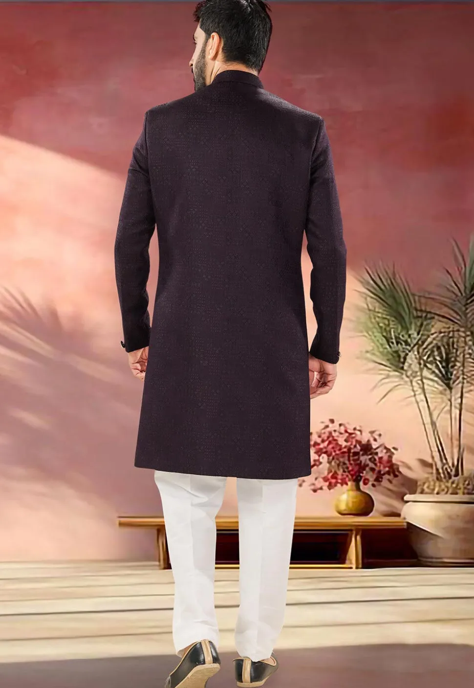 Woven Art Silk Jacquard Sherwani in Wine