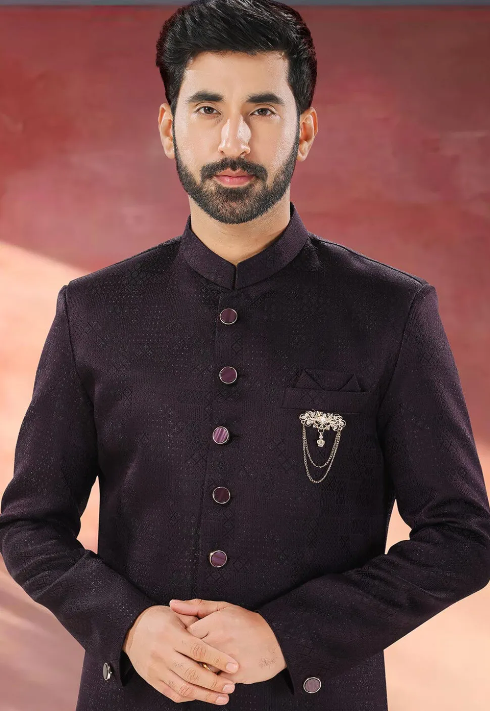 Woven Art Silk Jacquard Sherwani in Wine