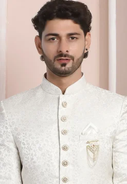 Woven Art Silk Jacquard Sherwani in White