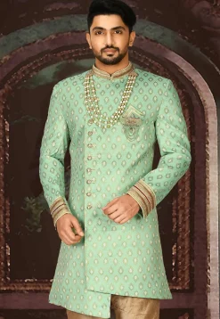 Woven Art Silk Jacquard Sherwani in Sea Green