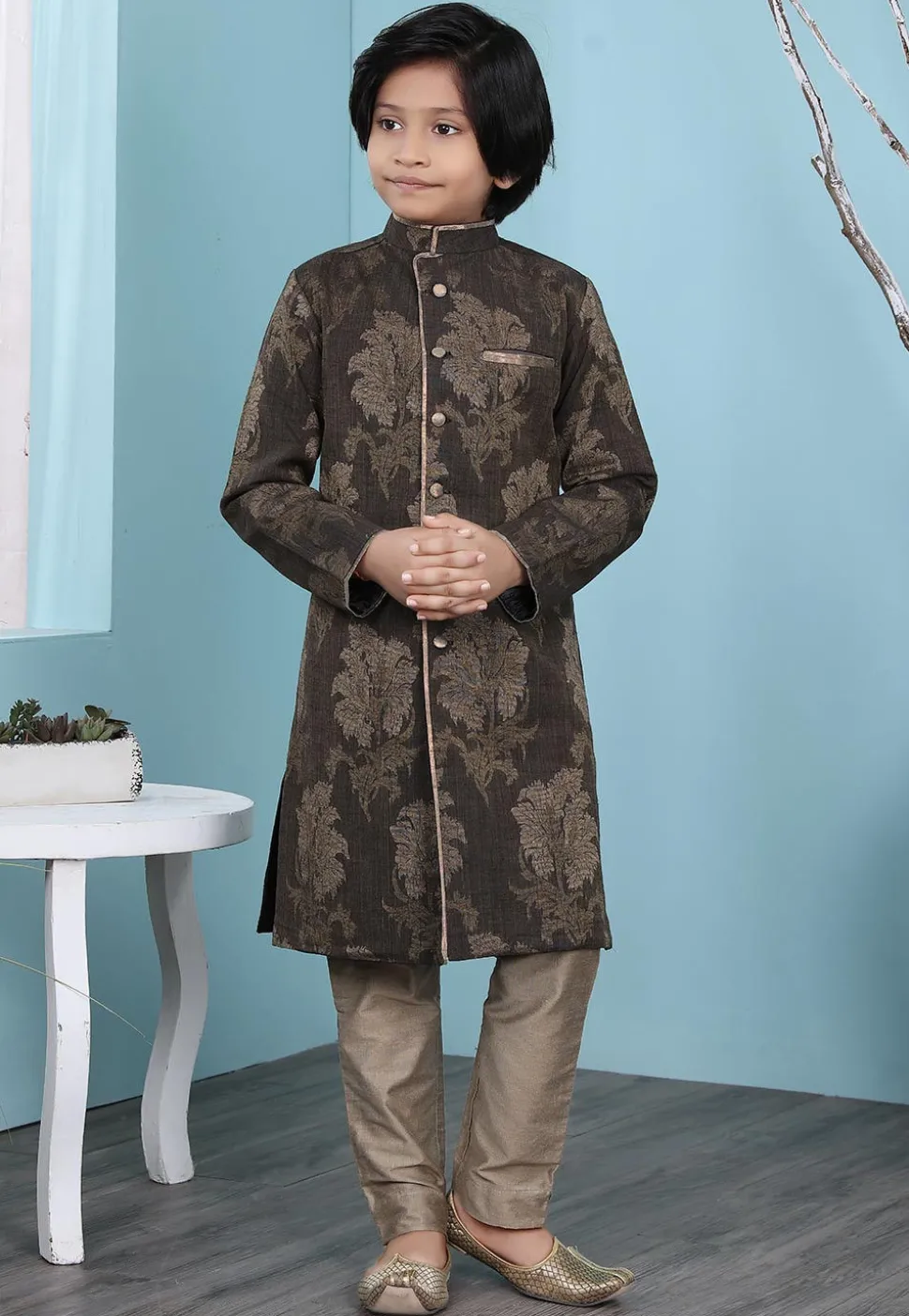 Woven Art Silk Jacquard Sherwani in Brown