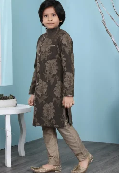 Woven Art Silk Jacquard Sherwani in Brown