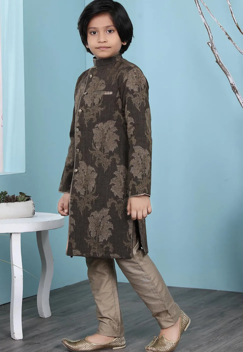 Woven Art Silk Jacquard Sherwani in Brown