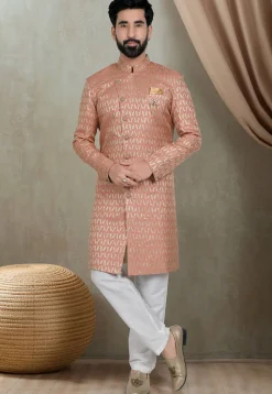 Woven Art Silk Jacquard Sherwani in Orange