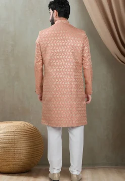 Woven Art Silk Jacquard Sherwani in Orange
