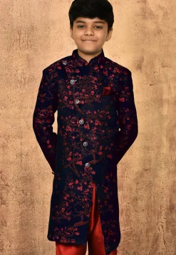 Woven Art Silk Jacquard Sherwani in Navy Blue