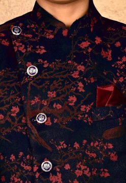 Woven Art Silk Jacquard Sherwani in Navy Blue