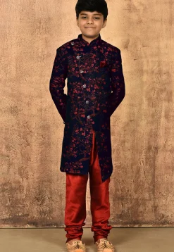 Woven Art Silk Jacquard Sherwani in Navy Blue