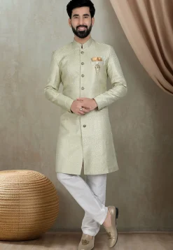 Woven Art Silk Jacquard Sherwani in Light Green
