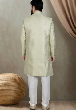 Woven Art Silk Jacquard Sherwani in Light Green