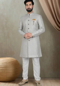 Woven Art Silk Jacquard Sherwani in Dusty Blue