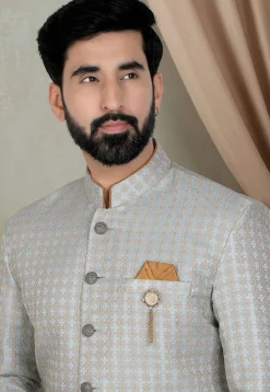 Woven Art Silk Jacquard Sherwani in Dusty Blue