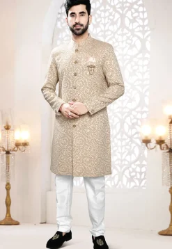 Woven Art Silk Jacquard Sherwani in Light Beige
