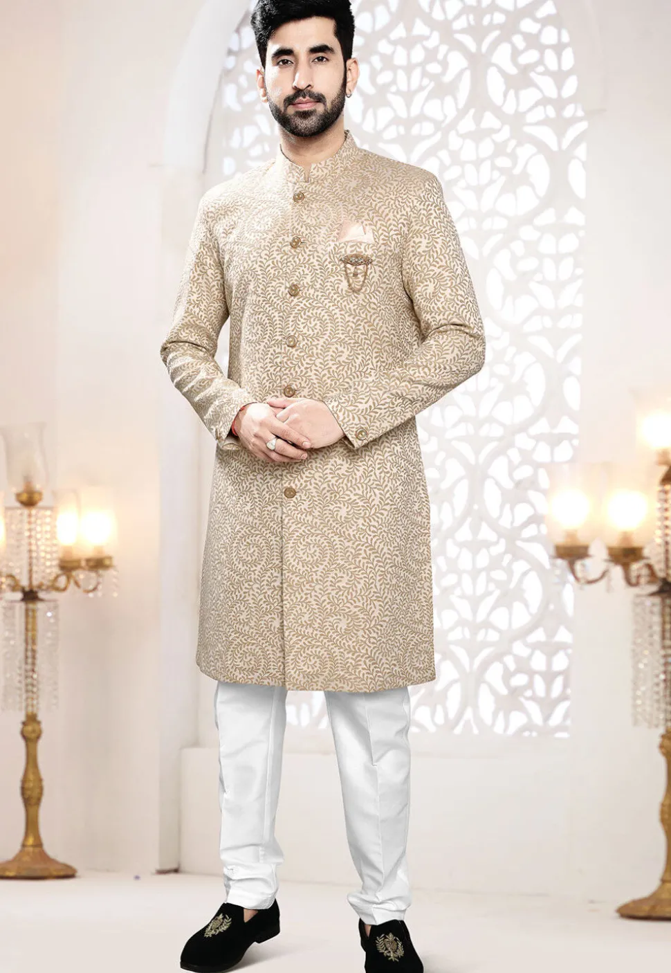 Woven Art Silk Jacquard Sherwani in Light Beige