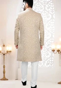 Woven Art Silk Jacquard Sherwani in Light Beige