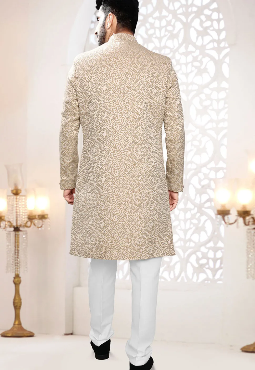 Woven Art Silk Jacquard Sherwani in Light Beige