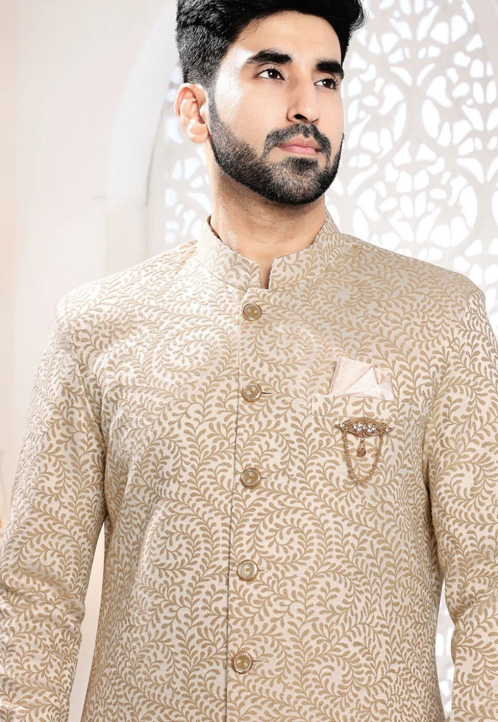 Woven Art Silk Jacquard Sherwani in Light Beige
