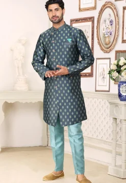 Woven Art Silk Jacquard Sherwani in Dark Grey