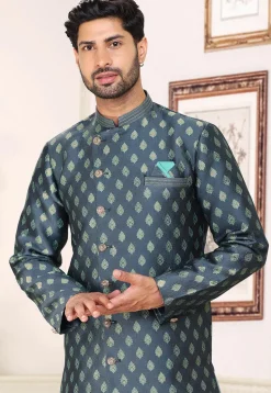 Woven Art Silk Jacquard Sherwani in Dark Grey