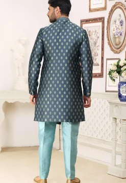 Woven Art Silk Jacquard Sherwani in Dark Grey