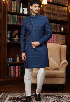 Woven Art Silk Jacquard Sherwani in Navy Blue