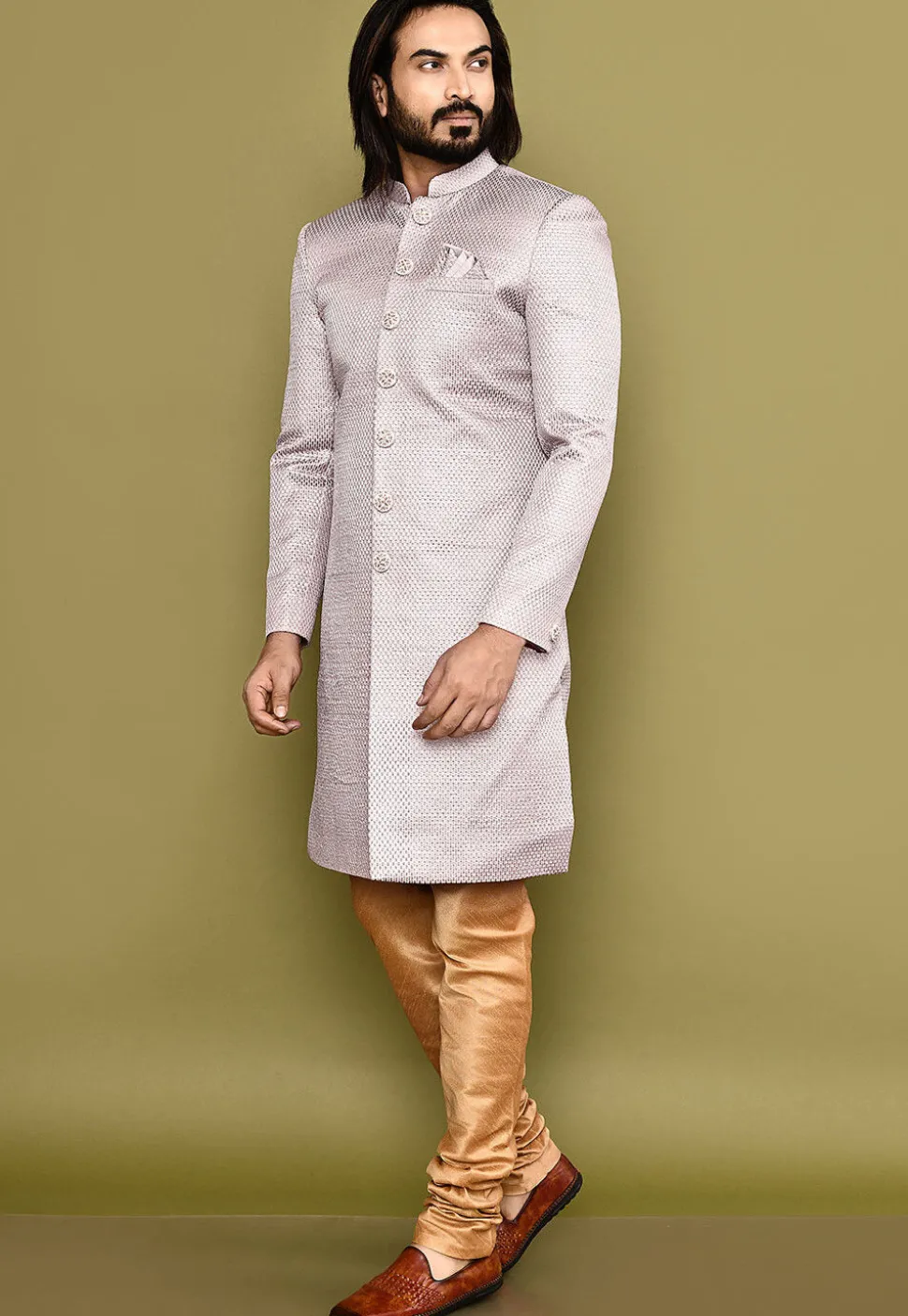 Woven Art Silk Jacquard Sherwani in Light Purple