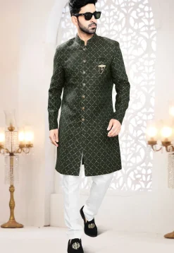 Woven Art Silk Jacquard Sherwani in Dark Green