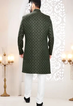 Woven Art Silk Jacquard Sherwani in Dark Green