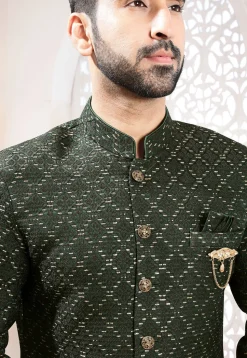 Woven Art Silk Jacquard Sherwani in Dark Green